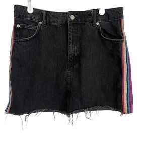 TopShop Moto Black Rainbow Side Striped Mini Raw Hem Skirt Sz 10